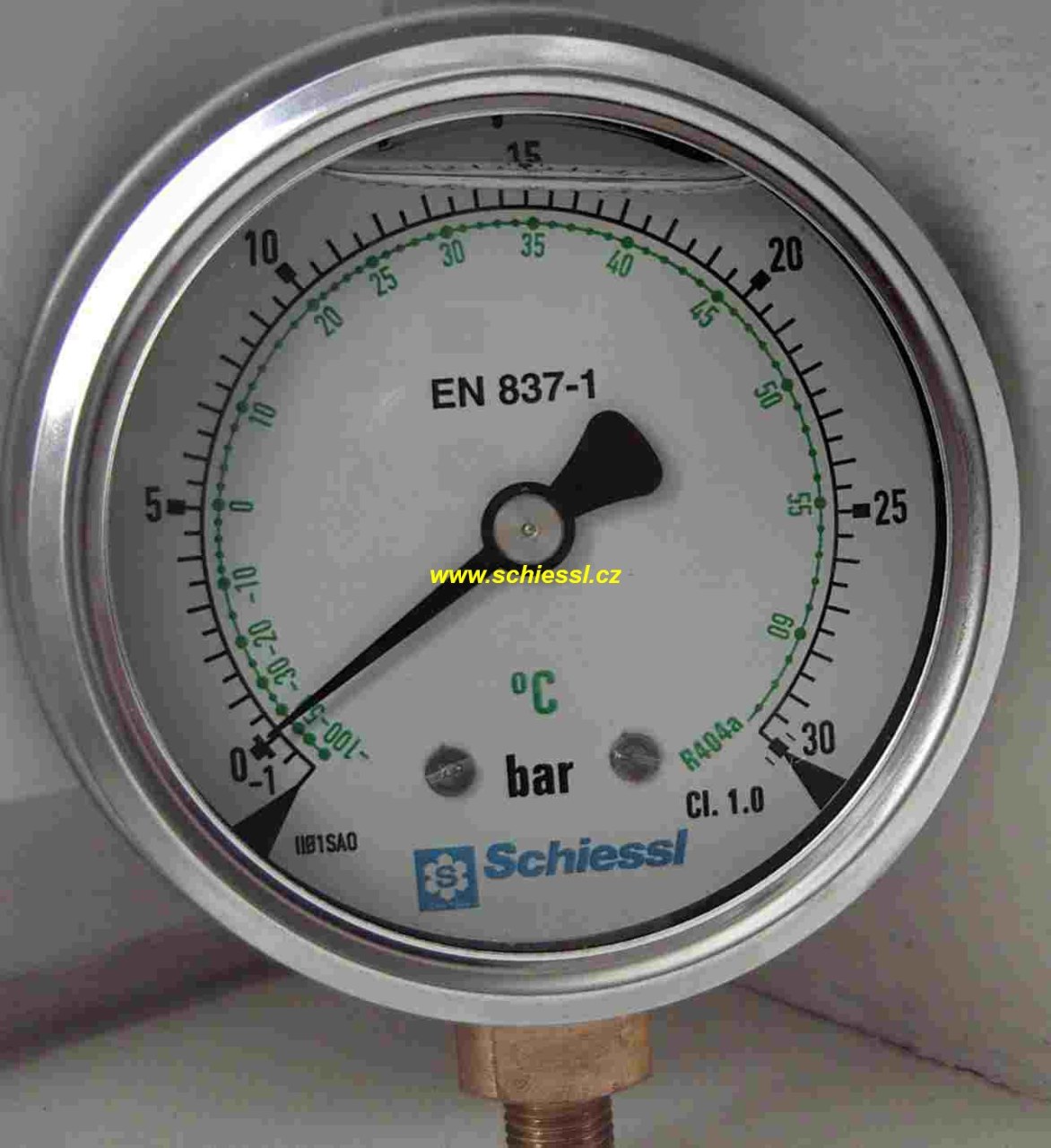 Manometr vysokotlaký 80mm, -1 až+30 Bar, R404A, glycerin, Schiessl